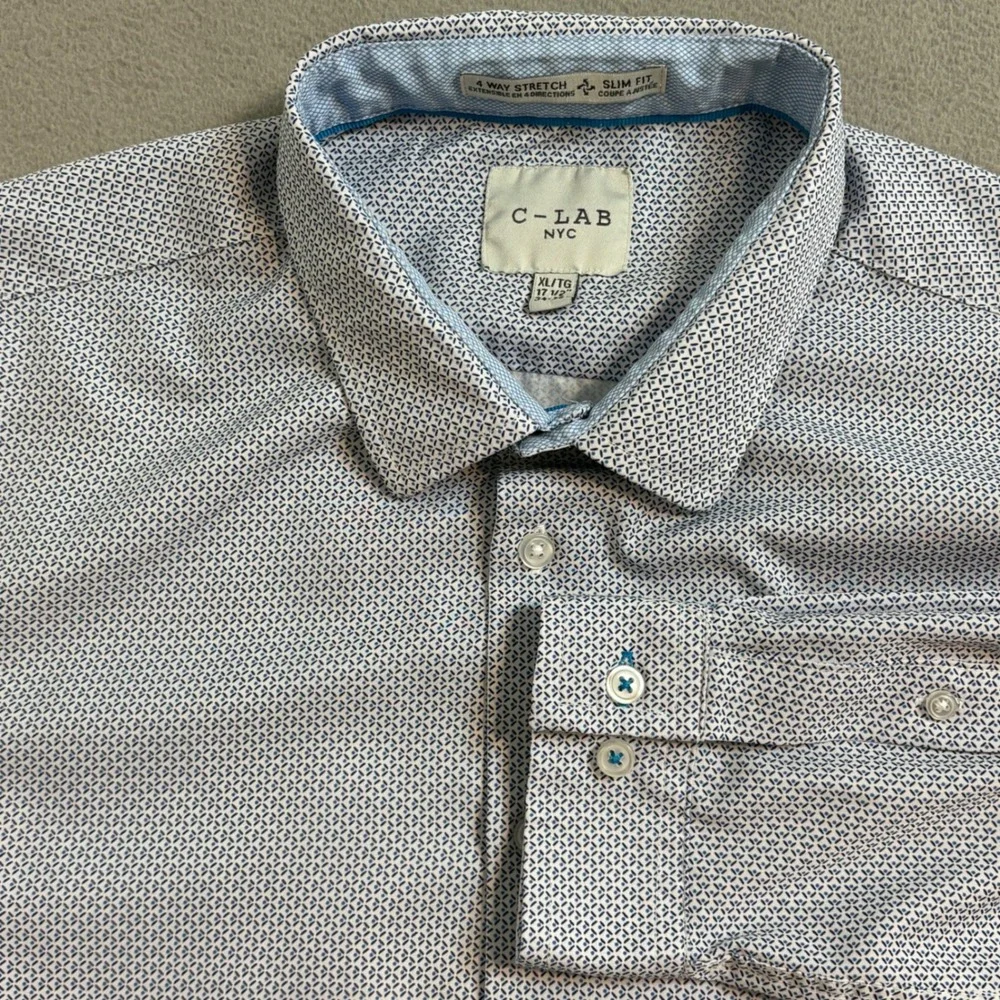 C-LAB NYC Mens XL Slim Fit 4 Way Stretch Blue Geometric Button Down Shirt 17.5 - Picture 5 of 9